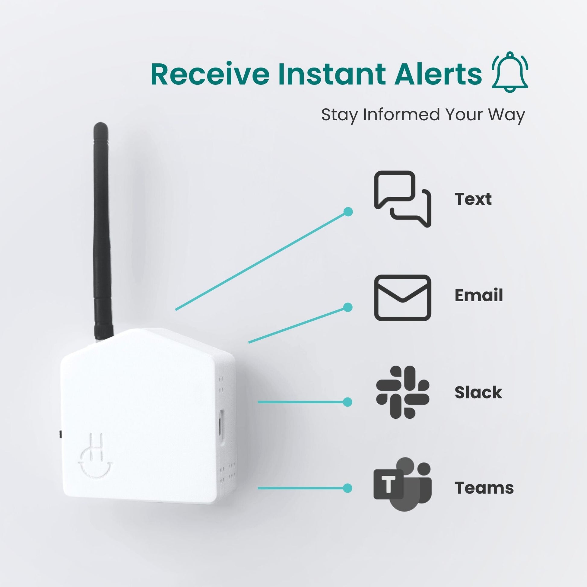 White device with antenna and icons for text, email, Slack, and Teams on a light gray background.