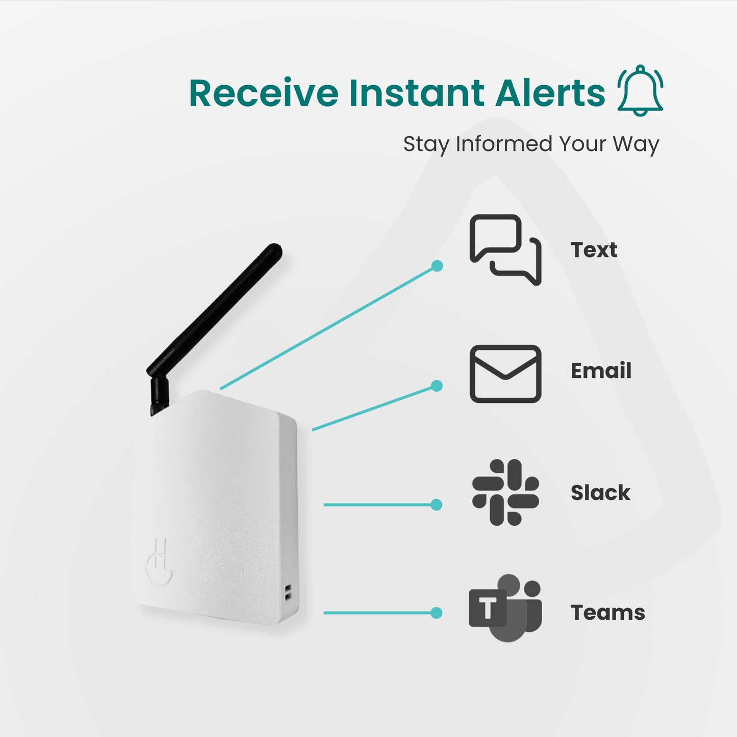 White device with antenna and icons for text, email, Slack, and Teams on a light gray background.