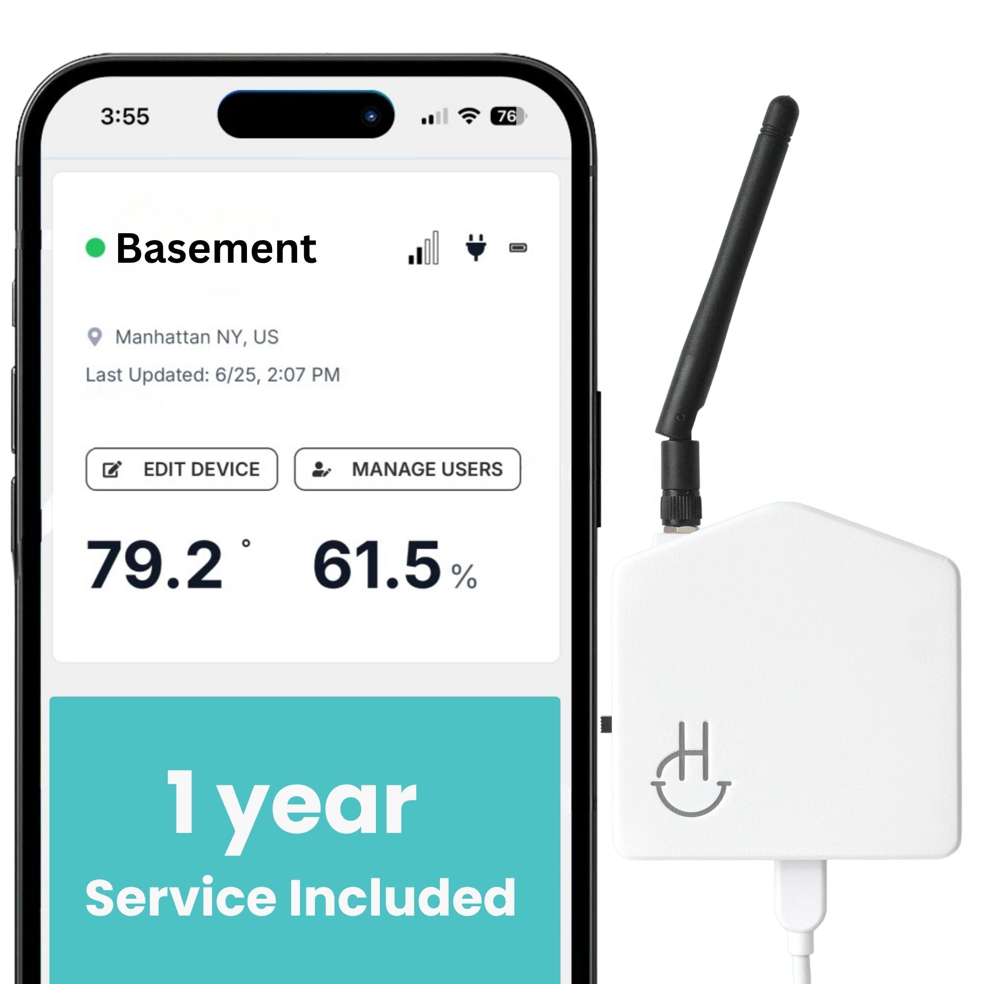Smart home device with smartphone displaying weather app on a white background
