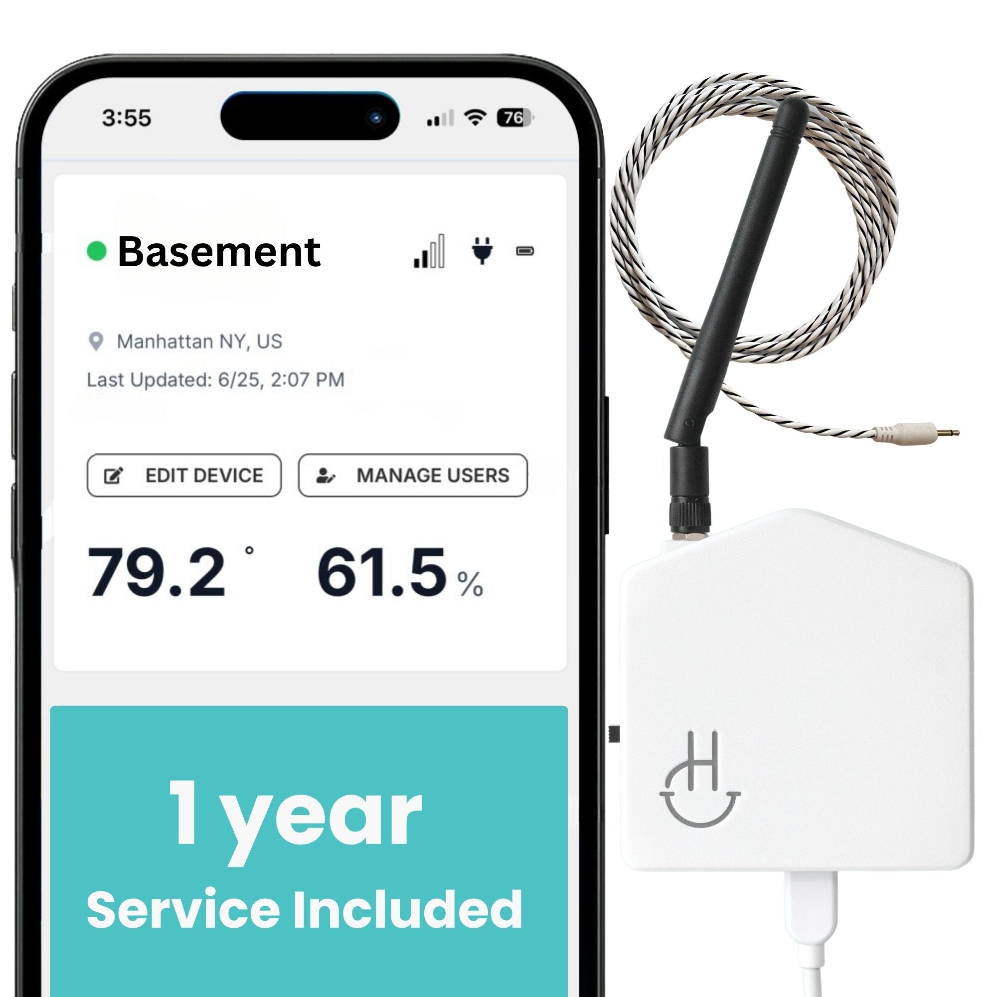 Smart home device with app interface showing temperature and humidity on a smartphone screen.