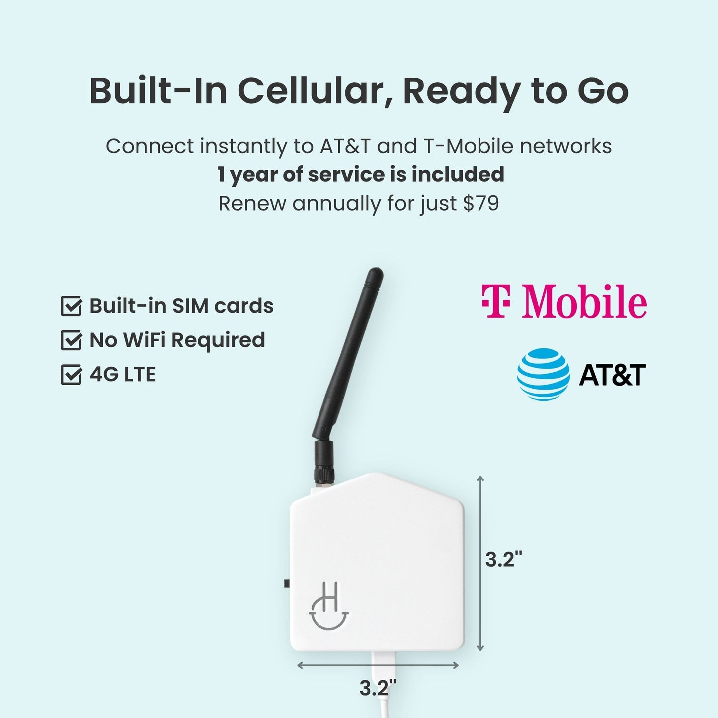 Product with built-in cellular connectivity for AT&T and T-Mobile networks on a light blue background.