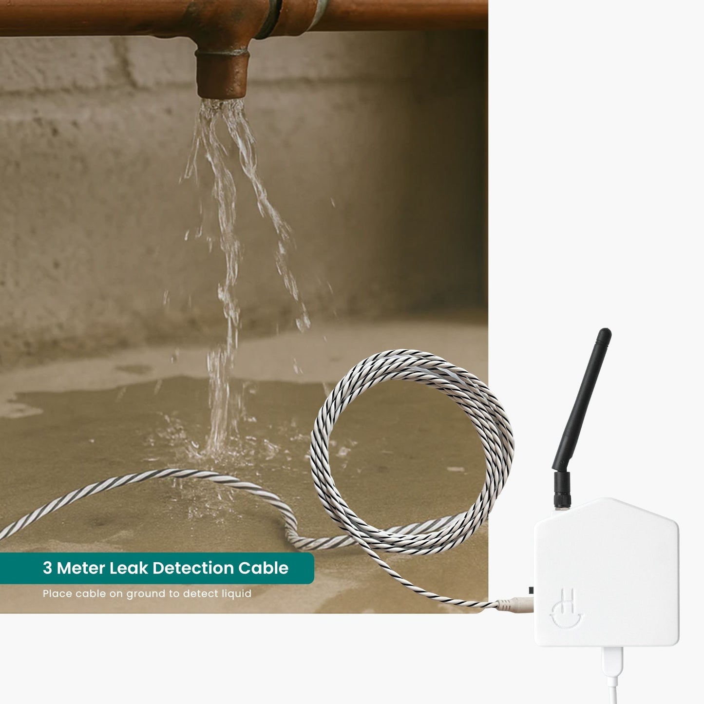 3 meter leak detection cable with water leakage on a concrete floor