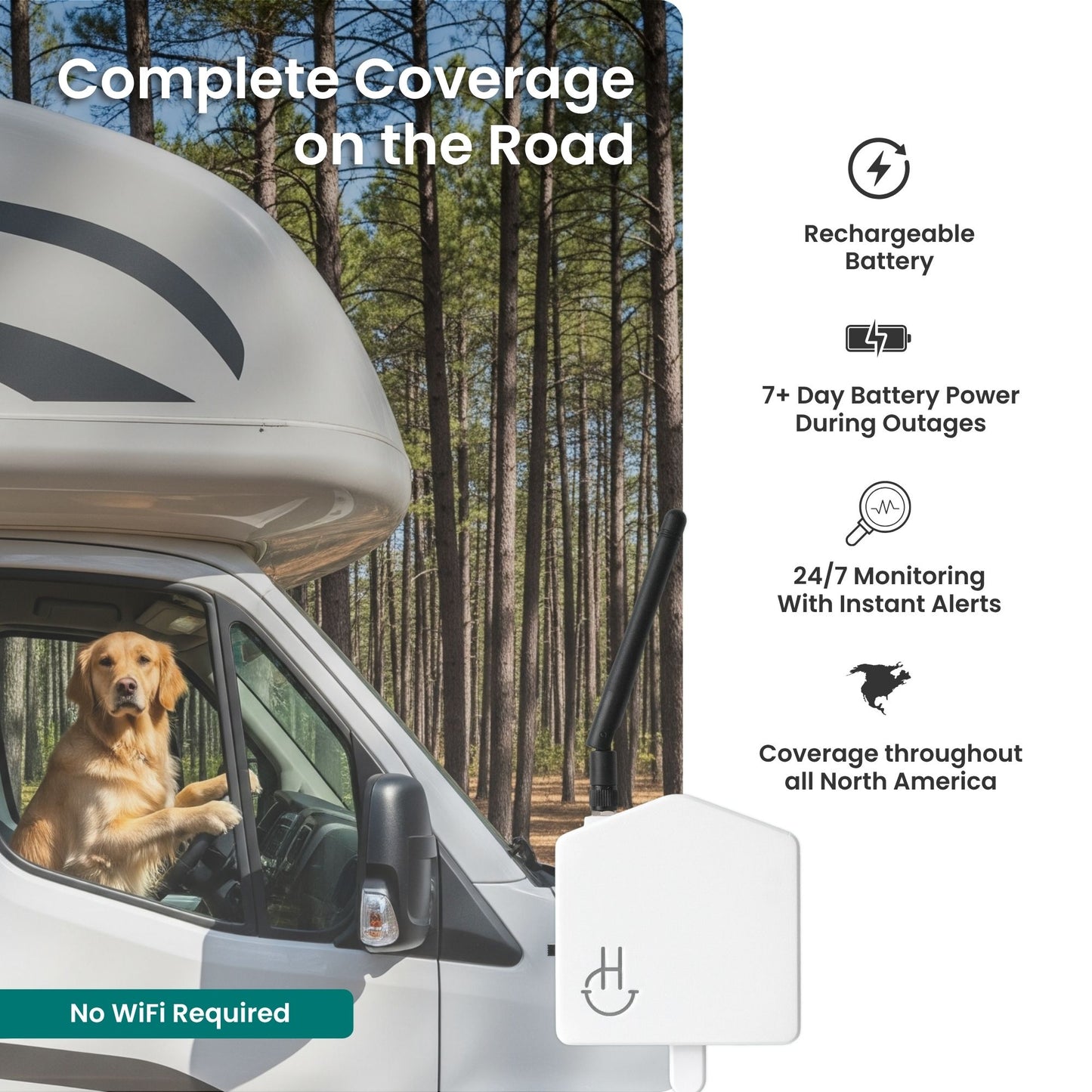 RV with a dog in the driver's seat, featuring a device for coverage on the road with text about its features.
