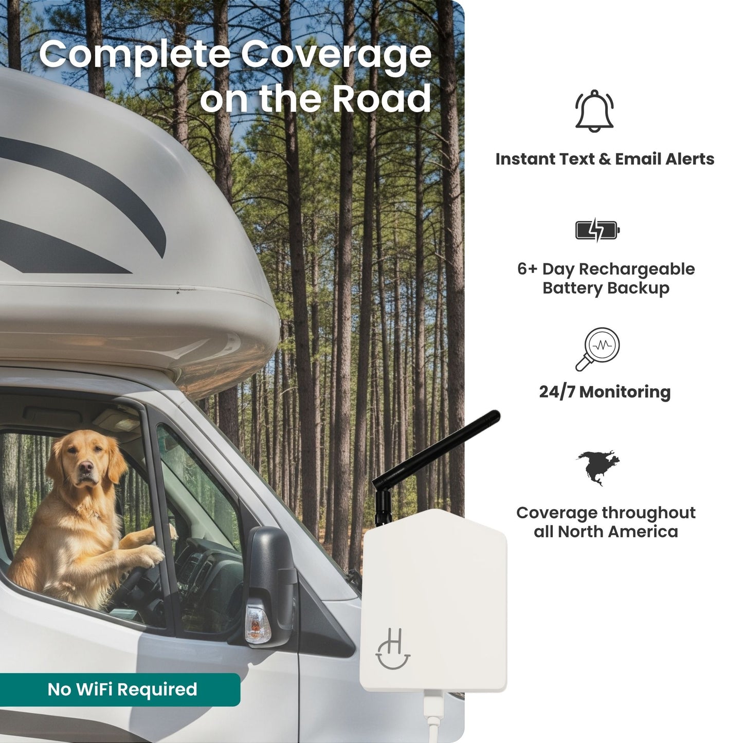 RV with a dog in the driver's seat, featuring a device for coverage on the road with text about its features.