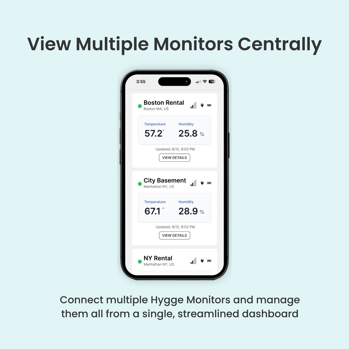 Smartphone displaying multiple monitoring readings with text about connecting Hygge Monitors.