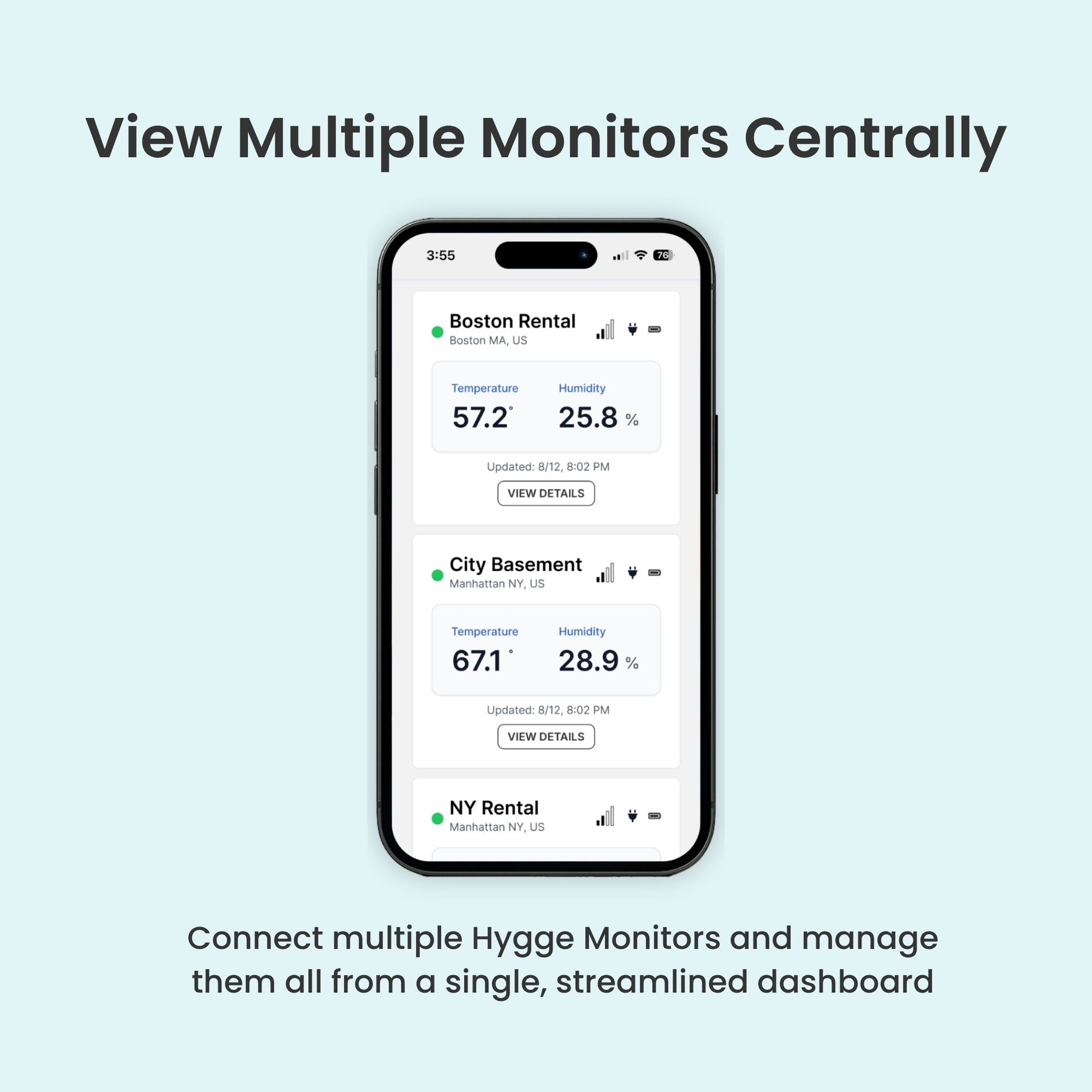 Smartphone displaying multiple monitoring readings with text about connecting Hygge Monitors.