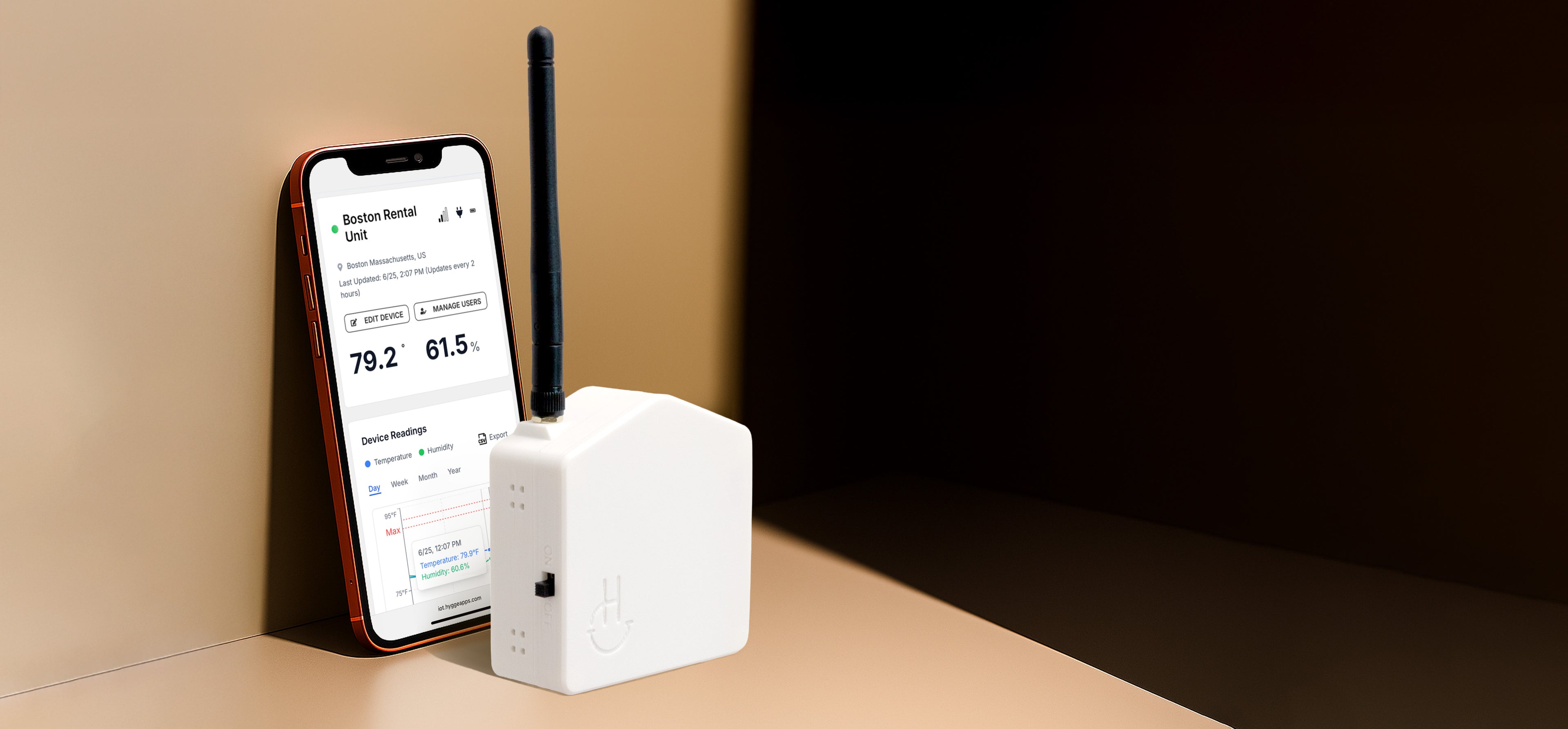 Smart home device with smartphone displaying temperature readings on a beige surface.