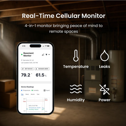 Real-Time Cellular Monitor app on a smartphone with features for temperature, leaks, humidity, and power displayed.