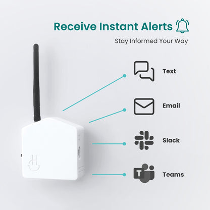 White device with antenna and icons for text, email, Slack, and Teams on a light gray background.