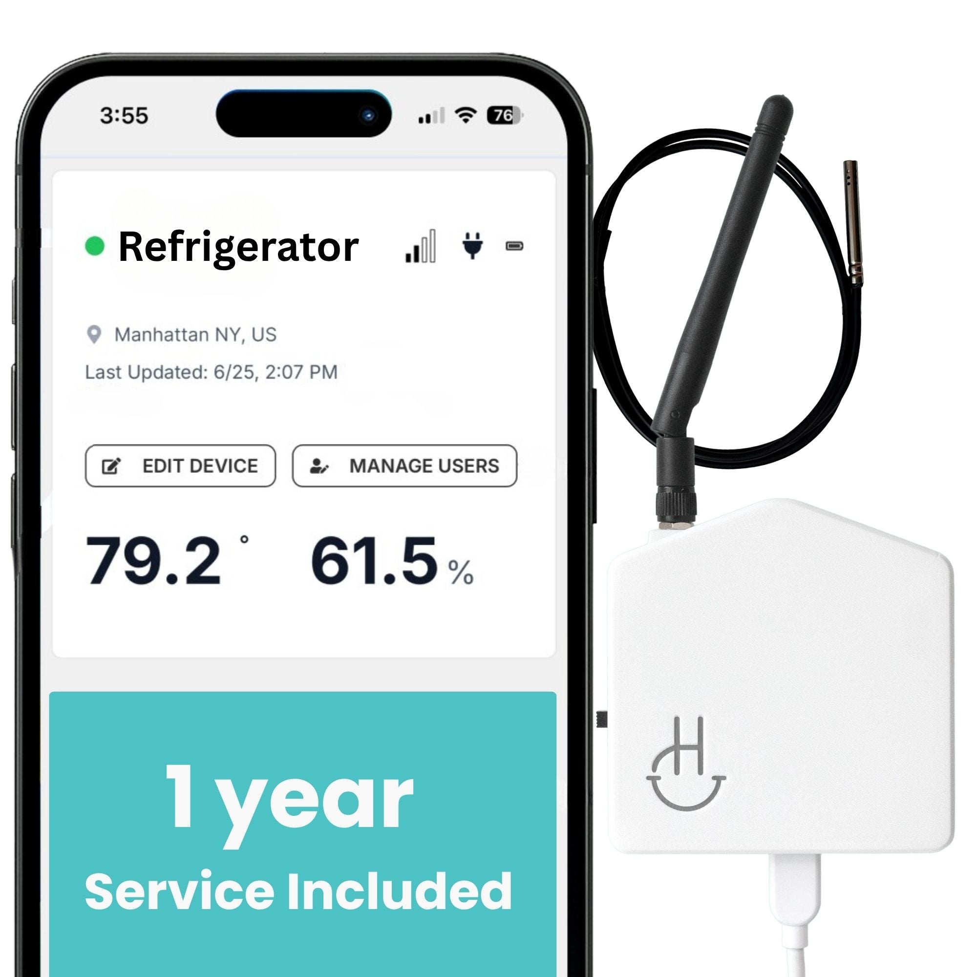 Smart device with a screen displaying refrigerator temperature and humidity, next to a smartphone showing app interface.