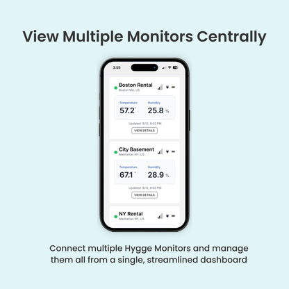 Smartphone displaying multiple monitoring readings with text about connecting Hygge Monitors.